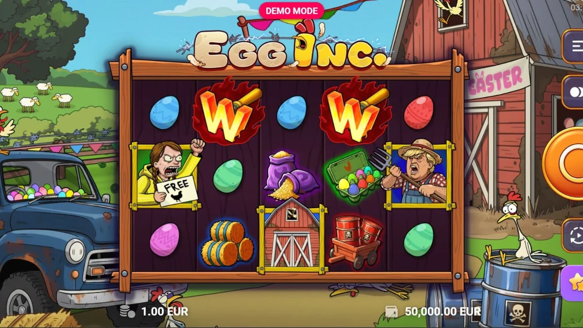 Egg Inc. slot machine interface na may cartoon farm theme