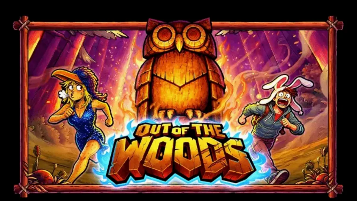 Out of the Woods slot game screen na nagpapakita ng mga animal-themed characters sa gubat.