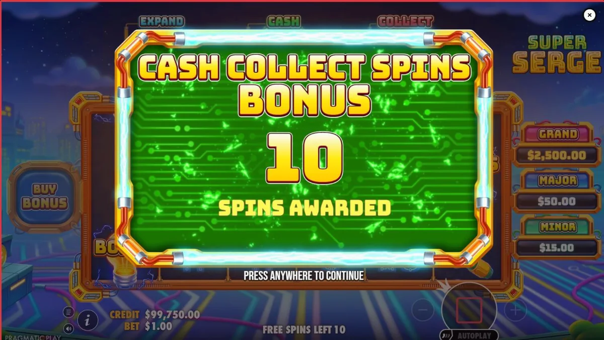 Futuristic at neon-lit na disenyo ng Super Serge slot machine reels
